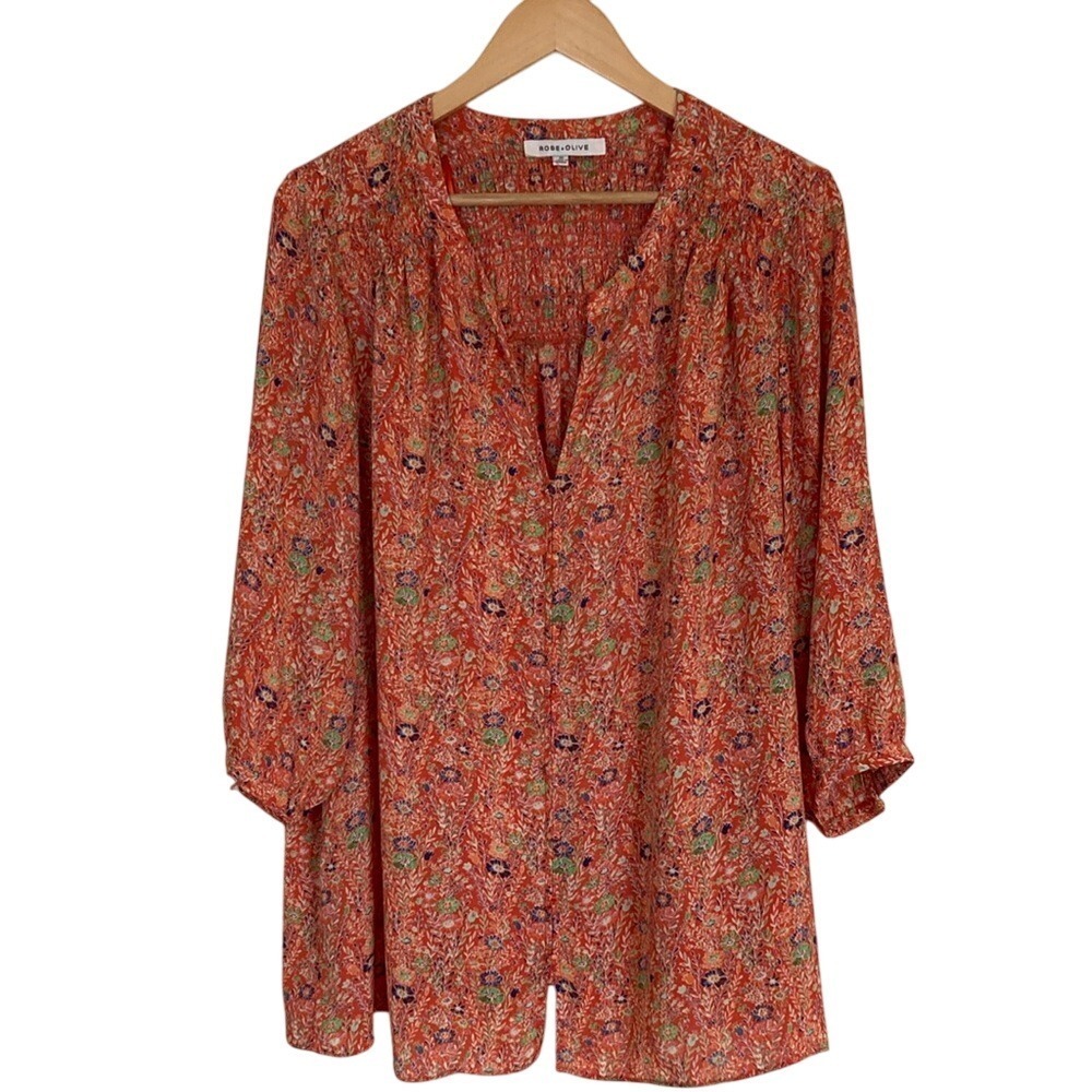 Rose+Olive Womens Orange Floral Top Size 1X 3/4 Sleeve Career Summer Spring‎